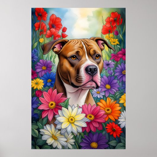Pitbull in de bloementuin poster (Voorkant)