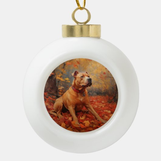 Pitbull in de herfst laat Herfst inspireren Keramische Bal Ornament (Voorkant)