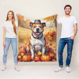 Pitbull in herfstbladeren Thanksgiving Kunst Fleece Deken