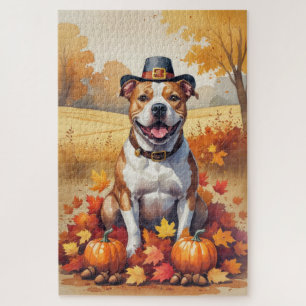Pitbull in herfstbladeren Thanksgiving kunst Legpuzzel