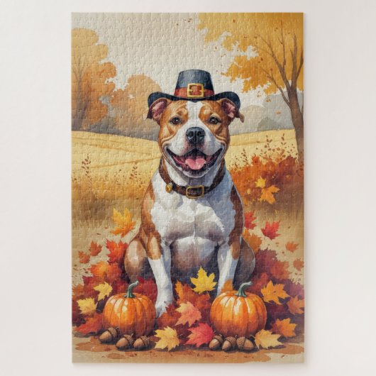 Pitbull in herfstbladeren Thanksgiving kunst Legpuzzel (Verticaal)