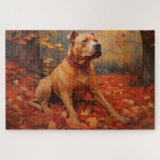 Pitbull in herfstbladeren val inspireert legpuzzel (Horizontaal)