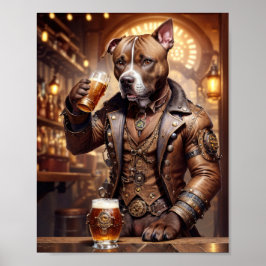 Pitbull in steampunk jurk drink bier in een pub poster