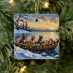 Pitbull Kerstboot Vakantie Keramisch Ornament