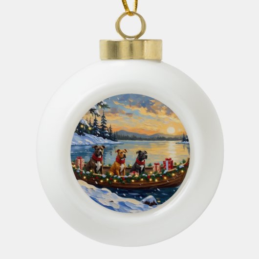 Pitbull Kerstboot Vakantie Keramische Bal Ornament (Voorkant)