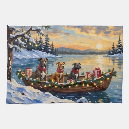Pitbull Kerstboot Vakantie Theedoek (Horizontaal)