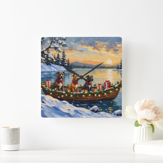 Pitbull Kerstboot Vakantie Vierkante Klok (Huis)