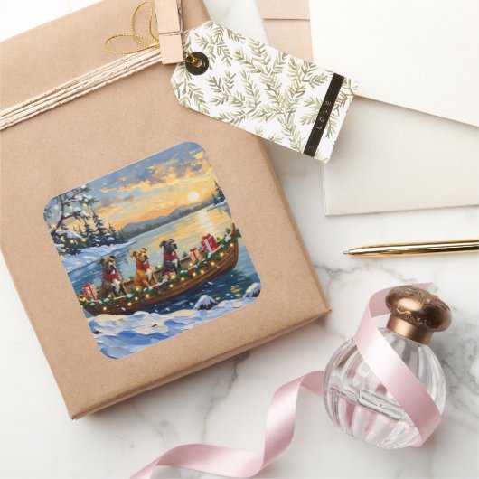 Pitbull Kerstboot Vakantie Vierkante Sticker (Geschenken)