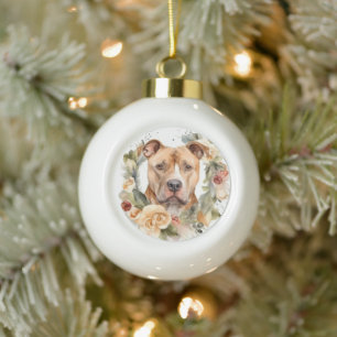 Pitbull Kerstkrans Feestelijke Pup Keramische Bal Ornament
