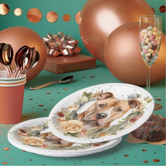 Pitbull Kerstkrans Feestelijke Pup Papieren Bordje (Multi)