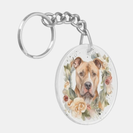 Pitbull Kerstkrans Feestelijke Pup Sleutelhanger (Voorkant Links)