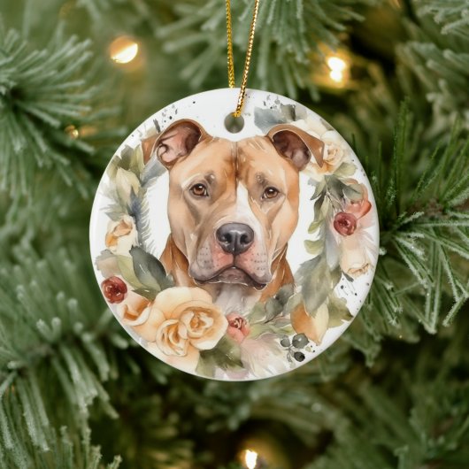 Pitbull Kerstkrans Festieve Pup Keramisch Ornament (Boom)