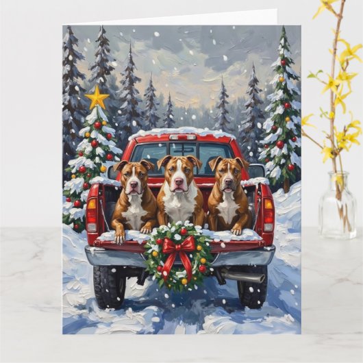 Pitbull Kerstmis Rode Truck Winter Kaart (Gele Bloem)