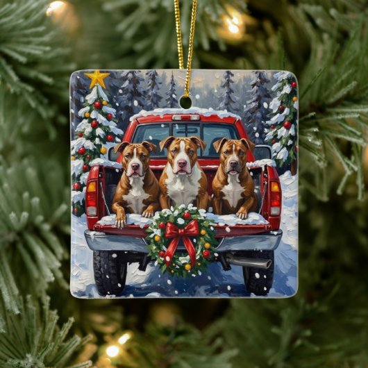 Pitbull Kerstmis Rode Truck Winter Keramisch Ornament (Boom)