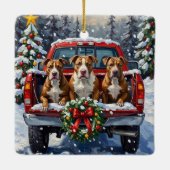 Pitbull Kerstmis Rode Truck Winter Keramisch Ornament (Achterkant)