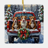 Pitbull Kerstmis Rode Truck Winter Keramisch Ornament (Voorkant)