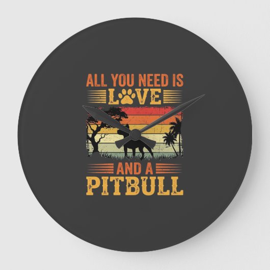 Pitbull Liefde Retro Zonsondergang Hond Grote Klok (Voorkant)