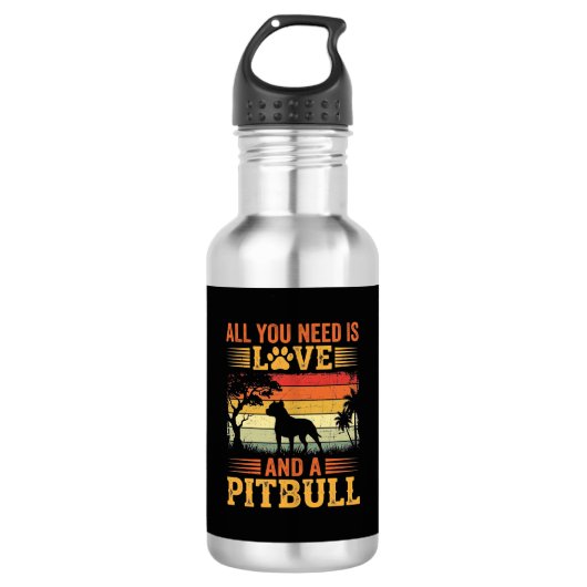 Pitbull Liefde Retro Zonsondergang Hond Waterfles (Voorkant)