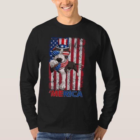 Pitbull Merica  Amerikaanse vlag Zonnebrillen Happ T-shirt (Voorkant)