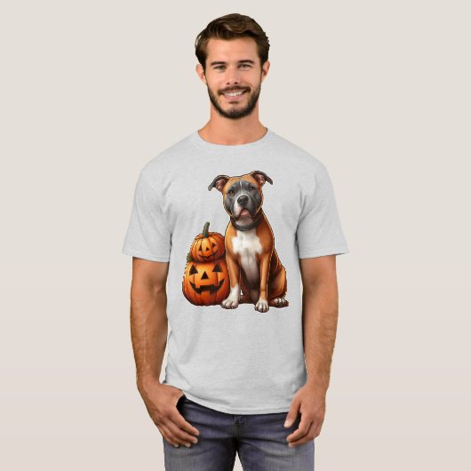 Pitbull met Halloween pompoenen T-shirt (Voorkant volledig)