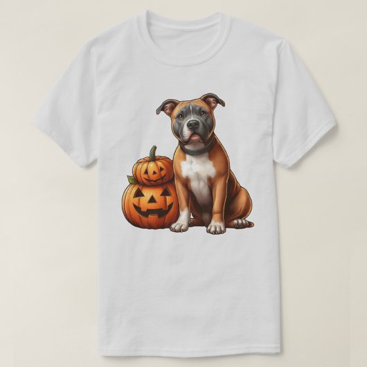 Pitbull met Halloween pompoenen T-shirt (Design voorkant)