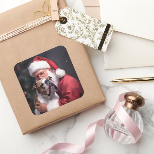Pitbull met Sinterklaas Feestelijke Kerstmis Vierkante Sticker (Geschenken)