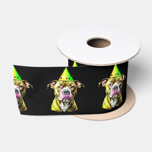 Pitbull met verjaardagshoed  satijnen lint (Spoel)
