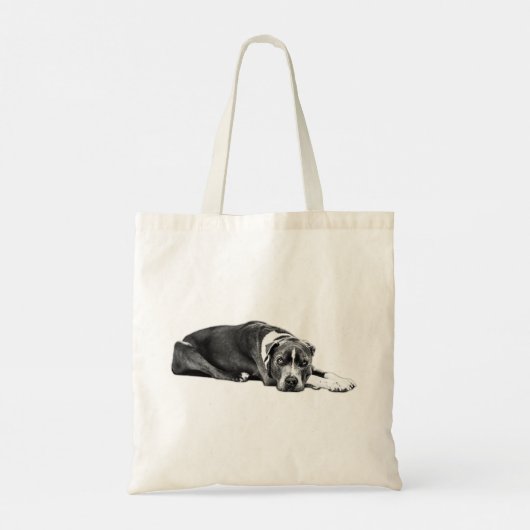 "Pitbull Mix Pillow", "Loyal Dog Eyes", "Black and Tote Bag (Achterkant)