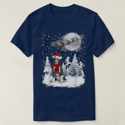 Pitbull op sneeuwkerstmaan met kerstmanverlichting t-shirt (Design voorkant)