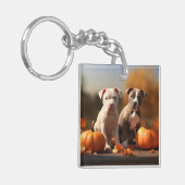Pitbull Pup Herfst Plezier Pompoen Sleutelhanger (Voorkant Links)