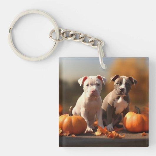 Pitbull Pup Herfst Plezier Pompoen Sleutelhanger (Voorkant)