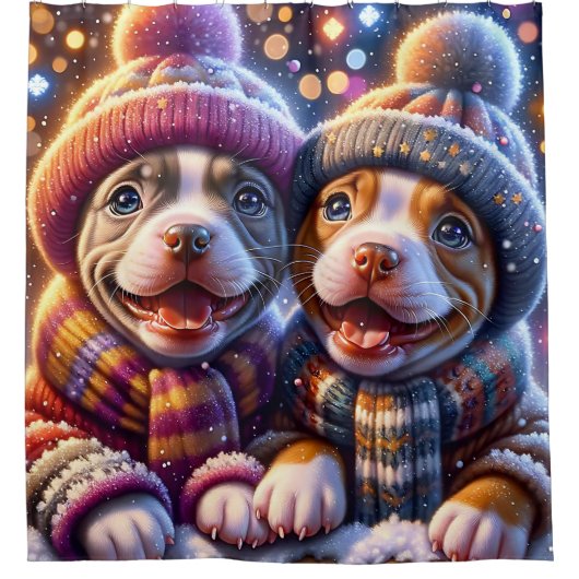 Pitbull Puppies 'Eerste Sneeuwval - Winterkunst' Douchegordijn (Voorkant)