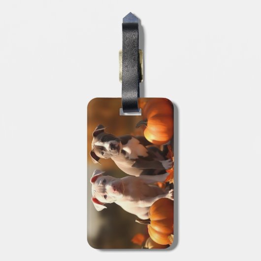 Pitbull Puppy Herfst Delight Pompoen Bagagelabel (Achterkant verticaal)