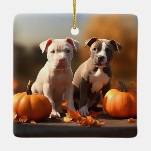 Pitbull Puppy Herfst Delight Pompoen Keramisch Ornament (Achterkant)