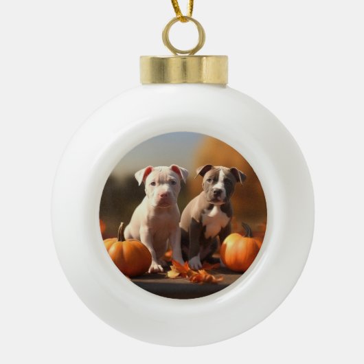 Pitbull Puppy Herfst Delight Pompoen Keramische Bal Ornament (Voorkant)