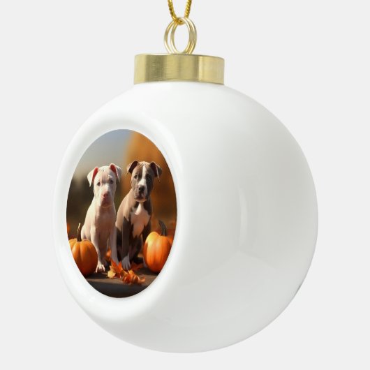 Pitbull Puppy Herfst Delight Pompoen Keramische Bal Ornament (Rechts)