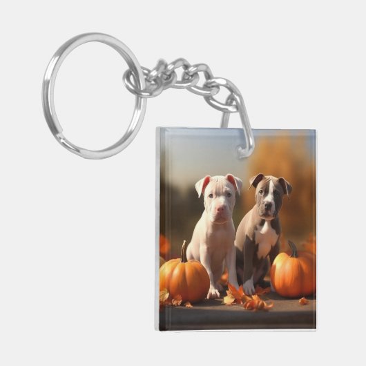 Pitbull Puppy Herfst Delight Pompoen Sleutelhanger (Voorkant Links)