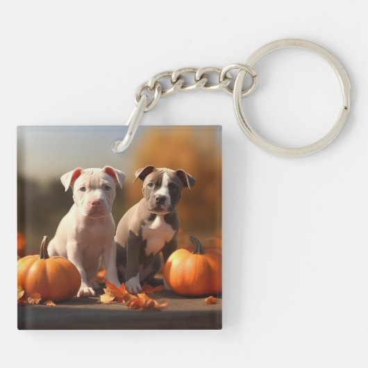 Pitbull Puppy Herfst Delight Pompoen Sleutelhanger (Achterkant)