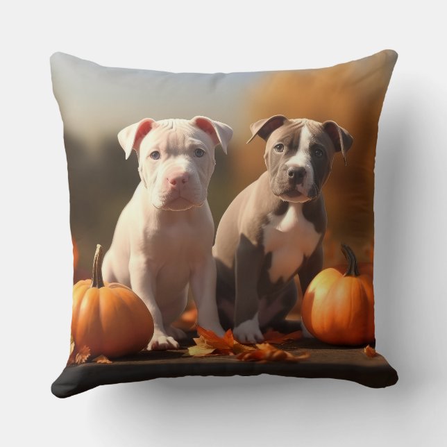 Pitbull Puppy Herfst Plezier Pompoen  Kussen (Achterkant)
