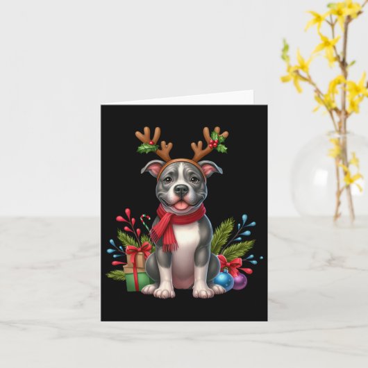 Pitbull ReindeSanta Hat Xmas licht Kerstmis X Kaart (Gele Bloem)