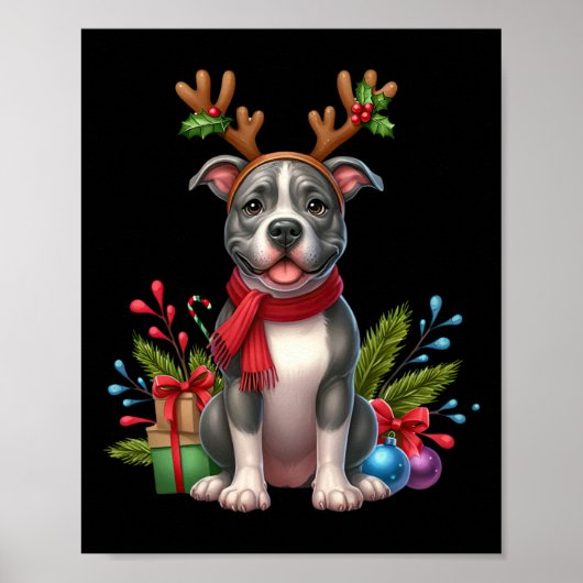 Pitbull ReindeSanta Hat Xmas licht Kerstmis X Poster (Voorkant)