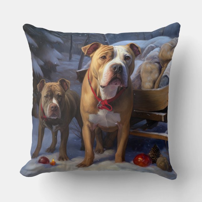 Pitbull Sneeuw Slede Kerst Decoratie Kussen (Voorkant)