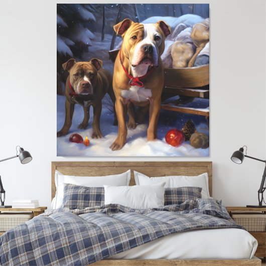 Pitbull Snowy Sleigh Kerst Decor Canvas Afdruk (Insitu (Slaapkamer))