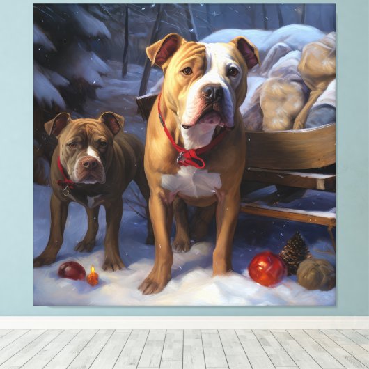 Pitbull Snowy Sleigh Kerst Decor Canvas Afdruk (Insitu (Houten vloer))