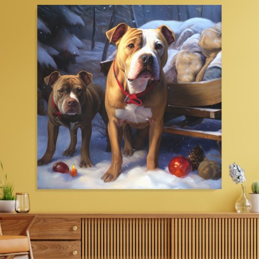 Pitbull Snowy Sleigh Kerst Decor Canvas Afdruk (Insitu (Woonkamer))