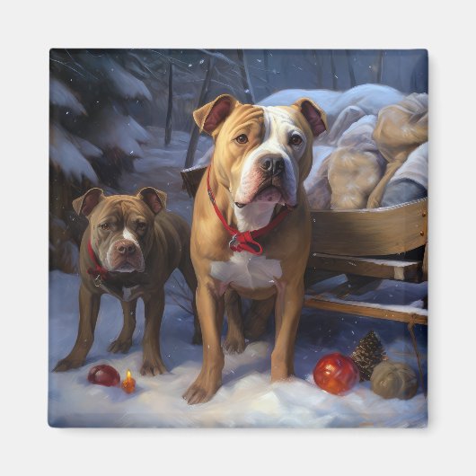 Pitbull Snowy Sleigh Kerst Decor Magneet (Voorkant)