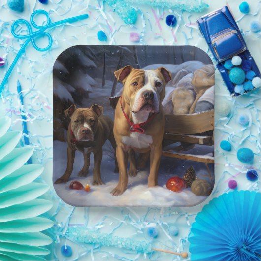 Pitbull Snowy Sleigh Kerst Decor Papieren Bordje (Feest)