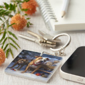 Pitbull Snowy Sleigh Kerst Decor Sleutelhanger (Voorkant Rechts)