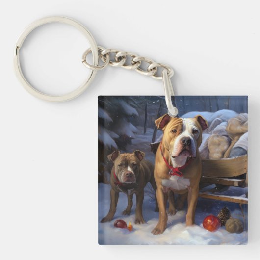 Pitbull Snowy Sleigh Kerst Decor Sleutelhanger (Voorkant)