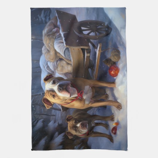 Pitbull Snowy Sleigh Kerst Decor Theedoek (Verticaal)